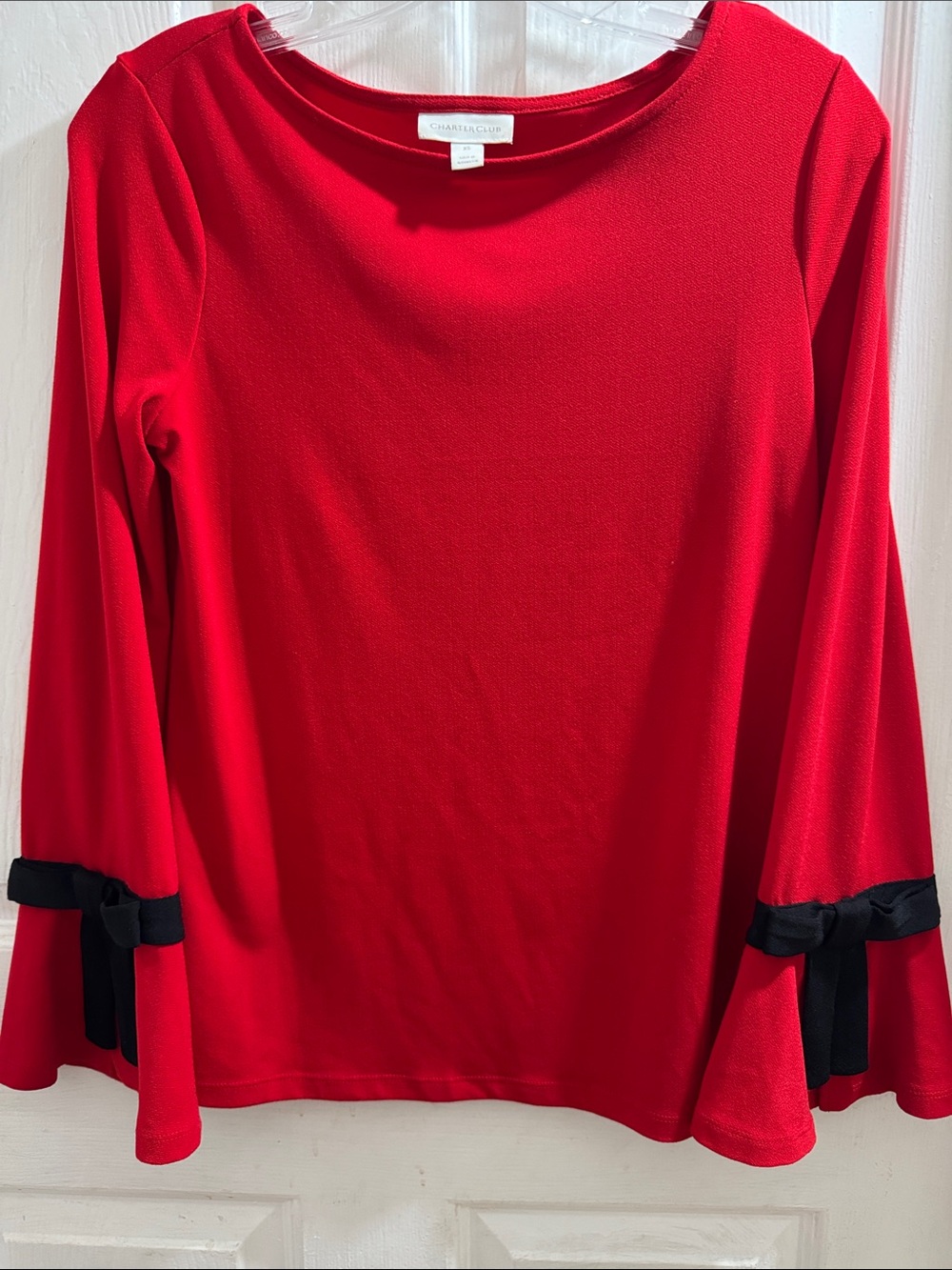 Charter Club Bright Red Long Sleeve Top with Black Bow Cuffs